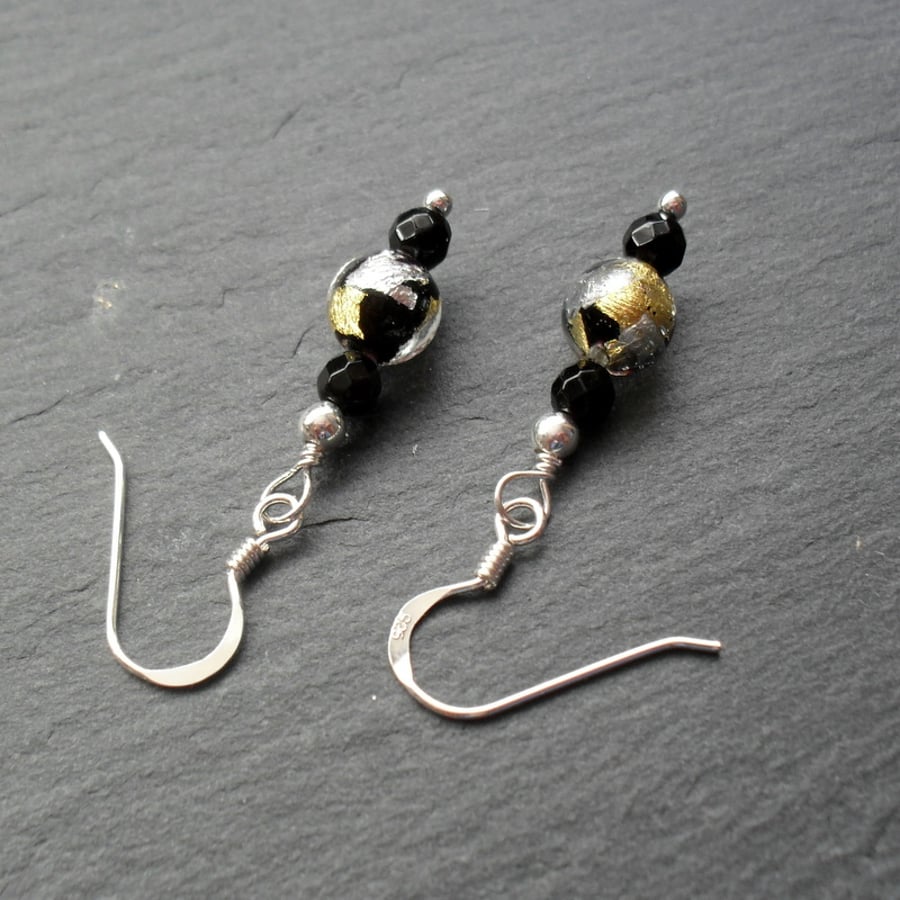 Murano Glass Sterling Silver Black Silver and Gold Earrings