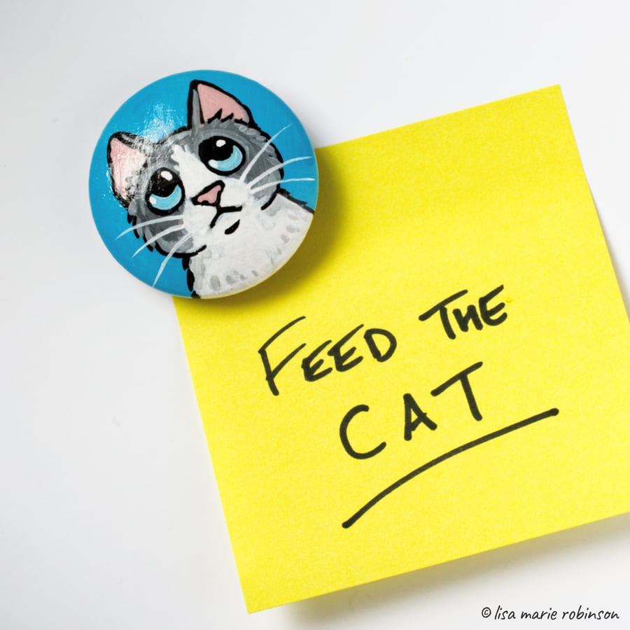 Grey and White Cat - Hand Painted Wooden Fridge Magnet