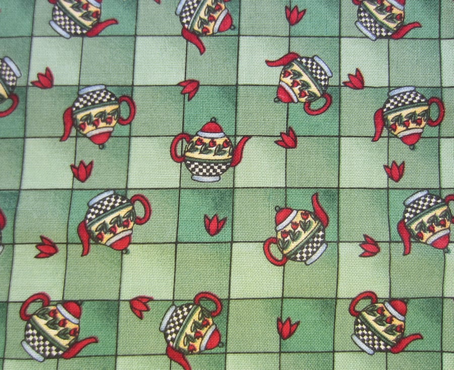 Green Check Teapot Fabric. Fat Quarter Remnant