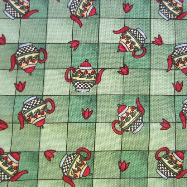 Green Check Teapot Fabric. Fat Quarter Remnant