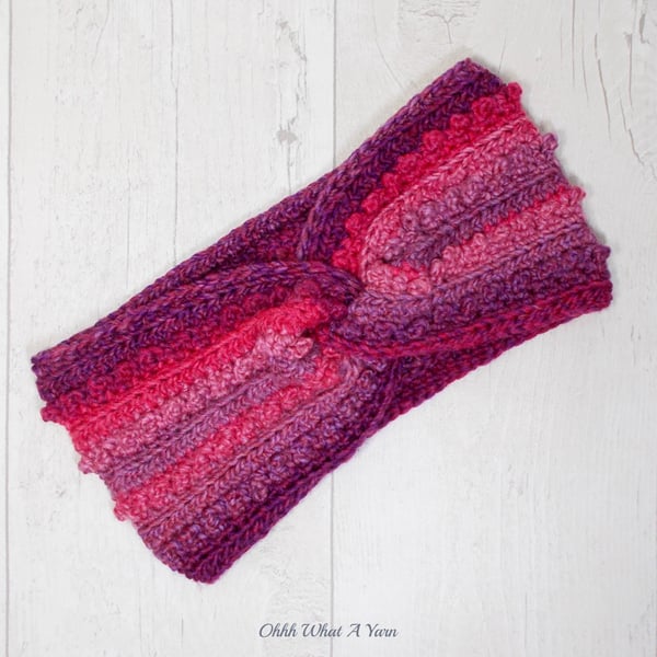 Crochet headband, ear warmer. Pink crochet twist ear warmer. Pink headband.