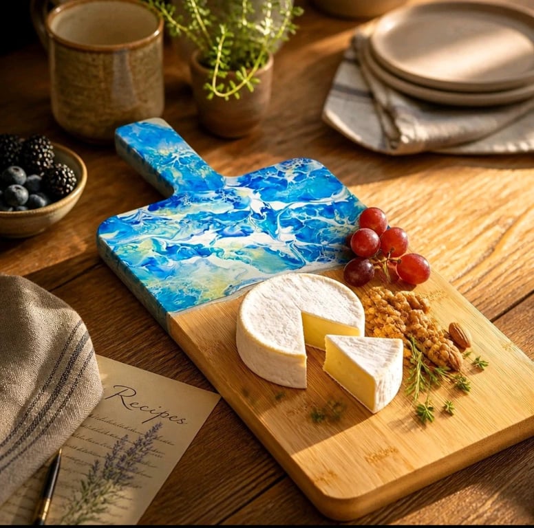 A handcrafted serving board natural wood with flowing abstract  art