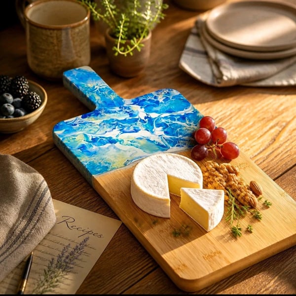 A handcrafted serving board natural wood with flowing abstract  art