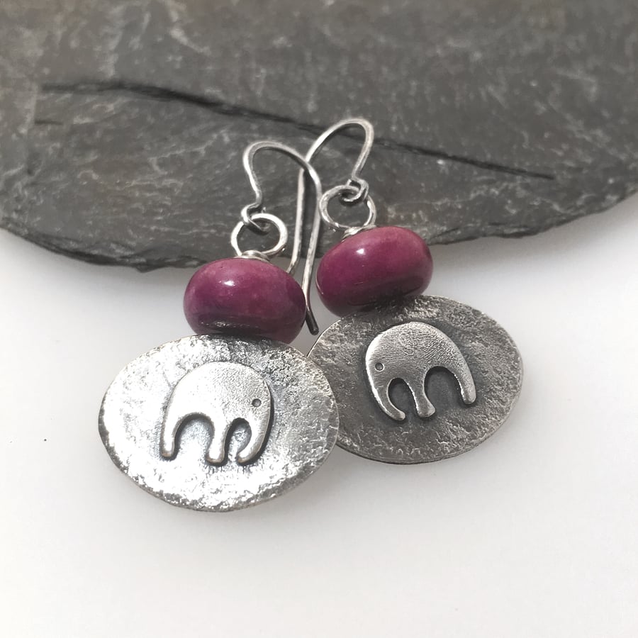 Sterling silver and cerise pink jasper baby elephant earrings