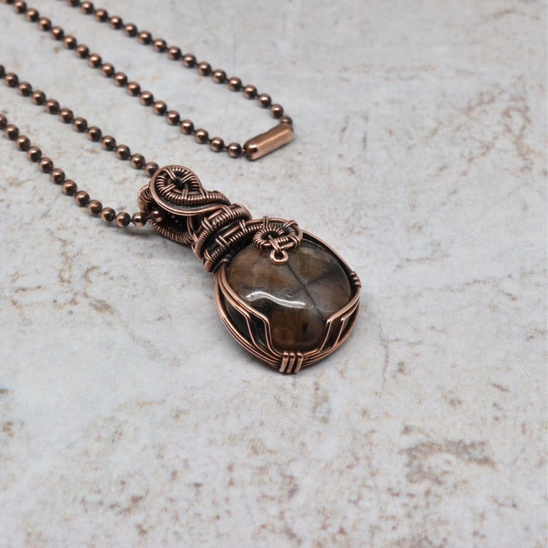 Chiastolite and Copper Wire Wrapped Pendant on a Copper Chain