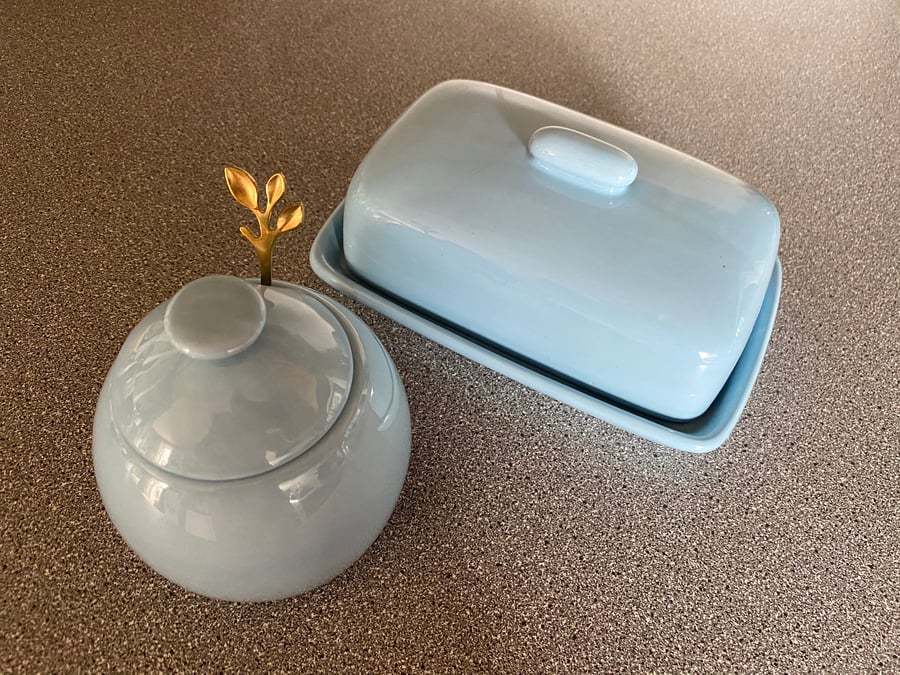 Butter Dish with Matching Sugar Bowl and Spoon, Ice Blue Glaze