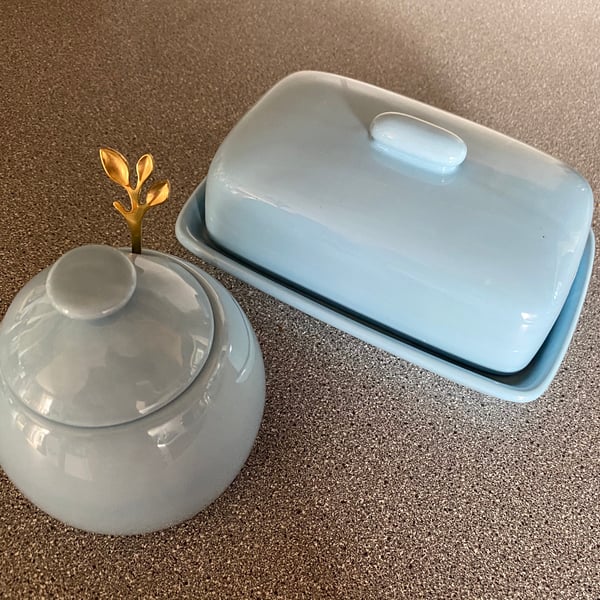 Butter Dish with Matching Sugar Bowl and Spoon, Ice Blue Glaze