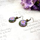 Lilac daisy dangle earrings fabric button floral handmade jewellery gifts