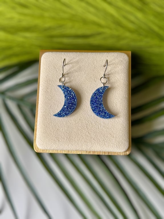 Crescent Blue Glitter Moon Earrings