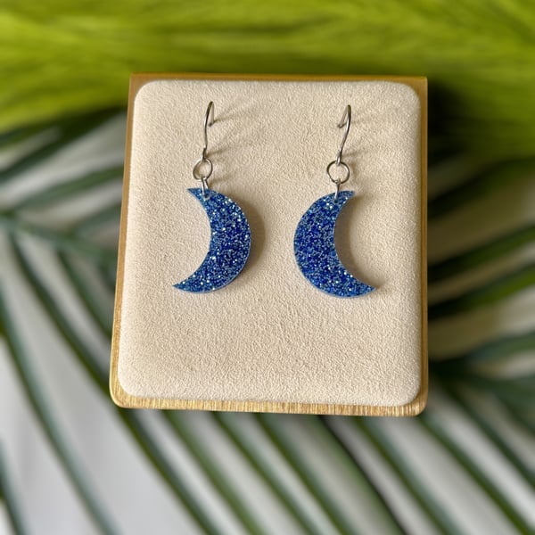 Crescent Blue Glitter Moon Earrings