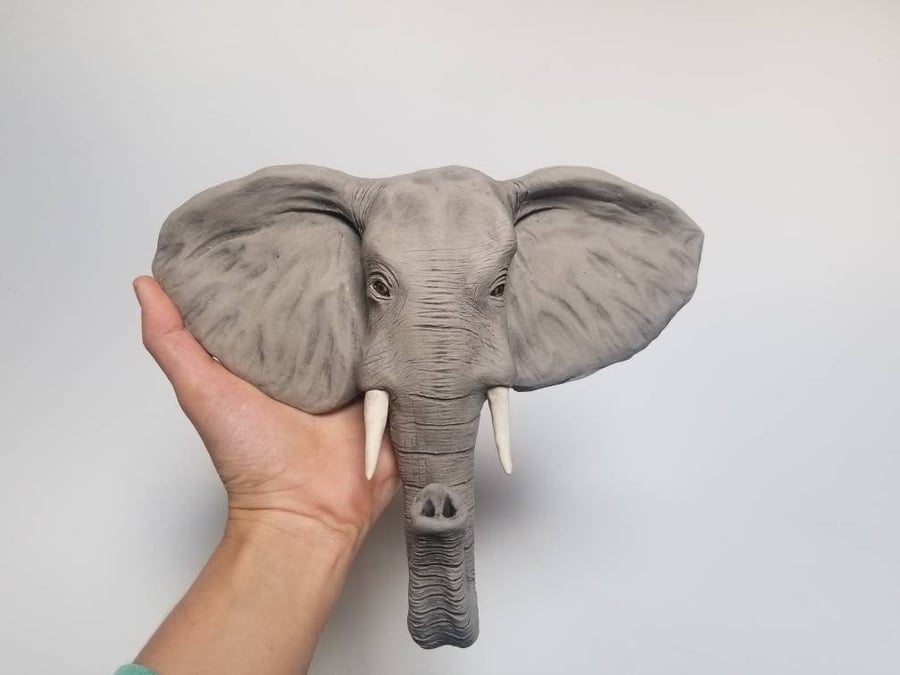 Nala ceramic elephant head wall sculpture. handmade
