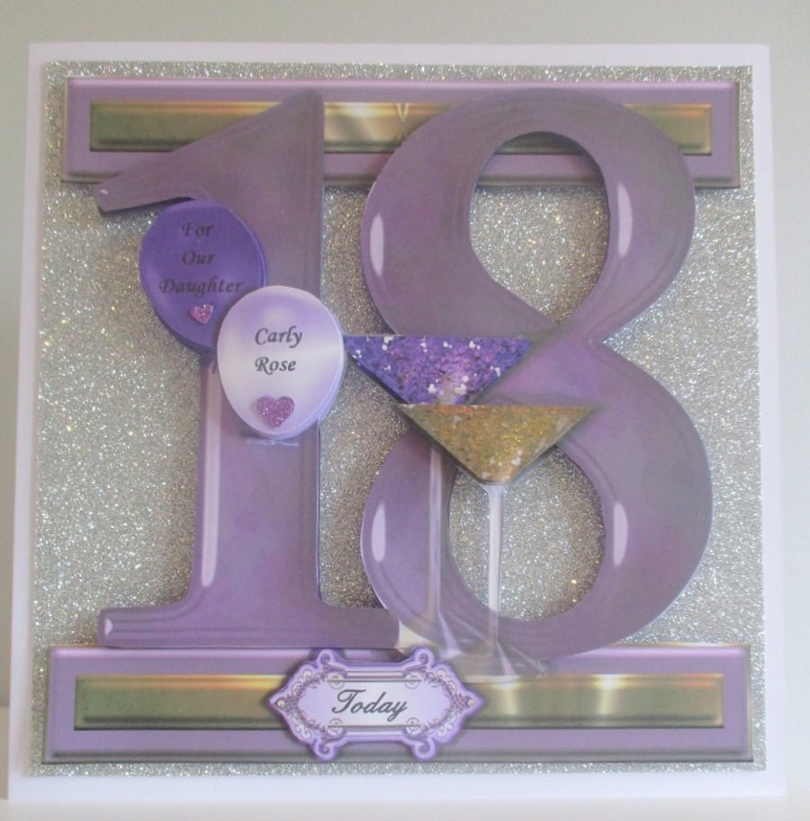 Handmade 3D  18th Birthday Card, cocktails, balloons, glitter, personalise