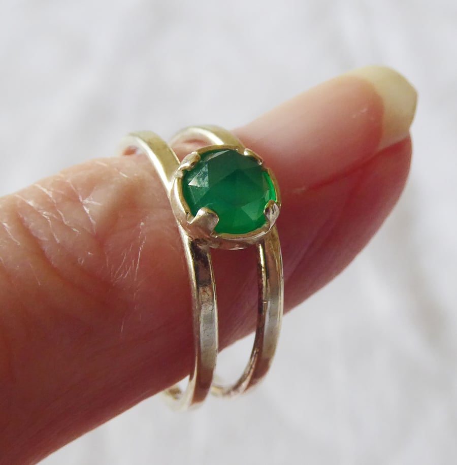  AAA Quality Faceted Green Onyx and Sterling Adjustable Ring