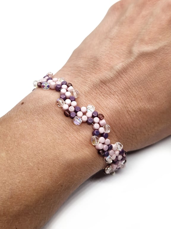 Pink purple and silver  wavy pebble bracelet and earrings set