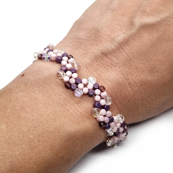 Pink purple and silver  wavy pebble bracelet and earrings set