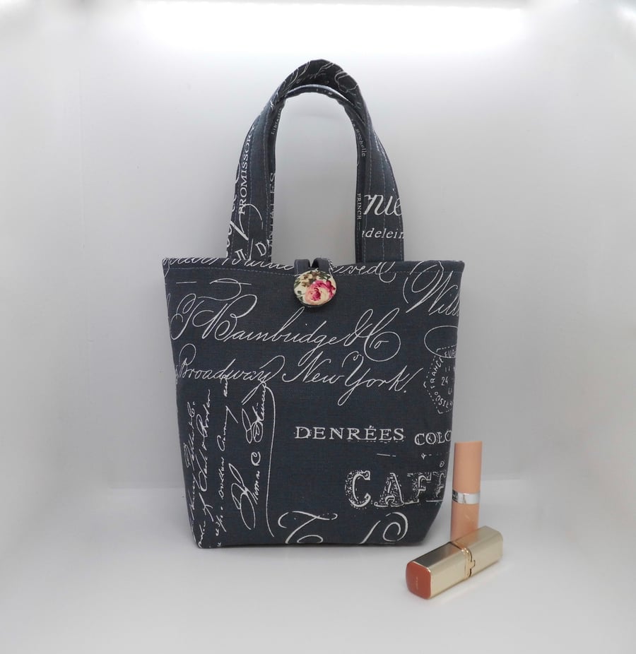 Handbag hand bag mini tote bag in grey fabric with floral lining 