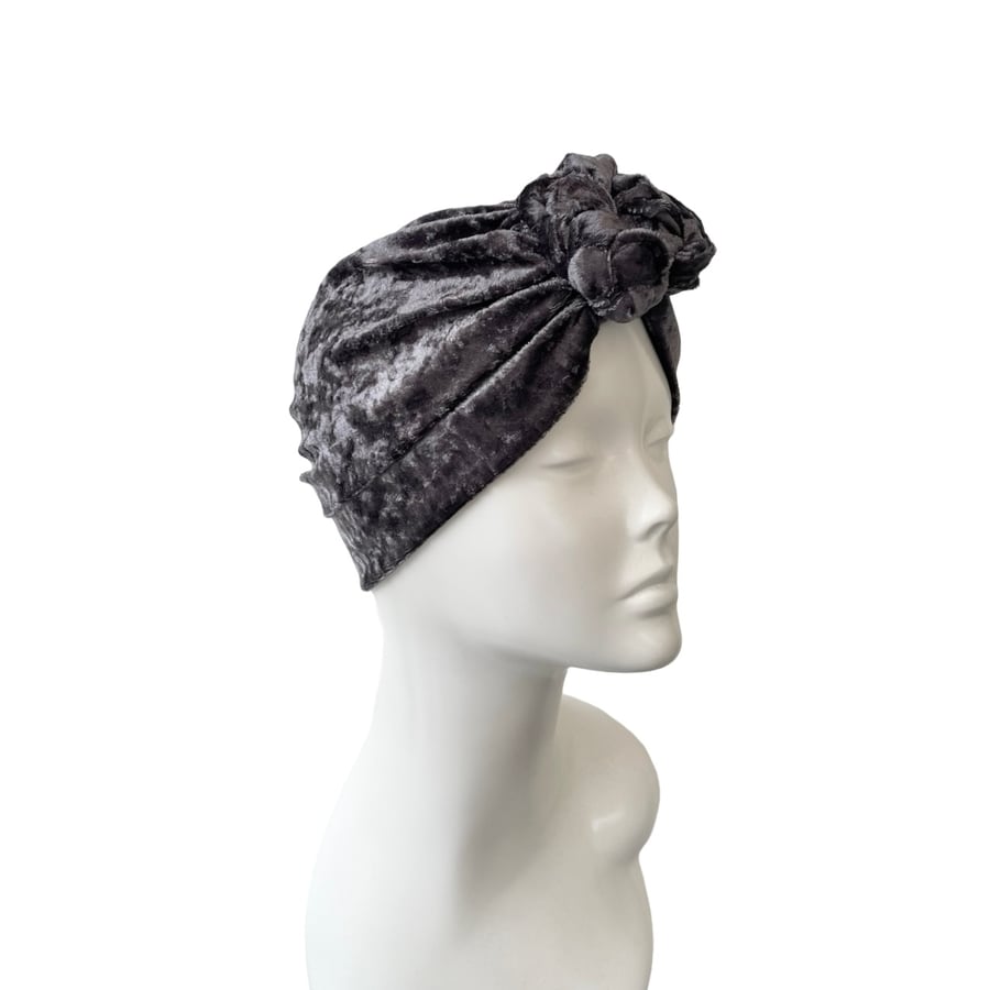 Soft Knot Vintage Turban Hat Charcoal Grey Velvet Alopecia Head Wrap Headwear 