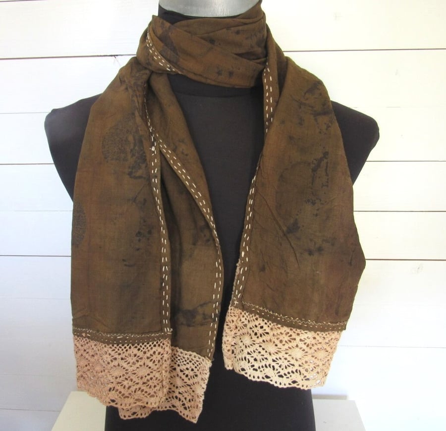 Hand Dyed Walnut Brown Eco-Print Wool Gauze Scarf