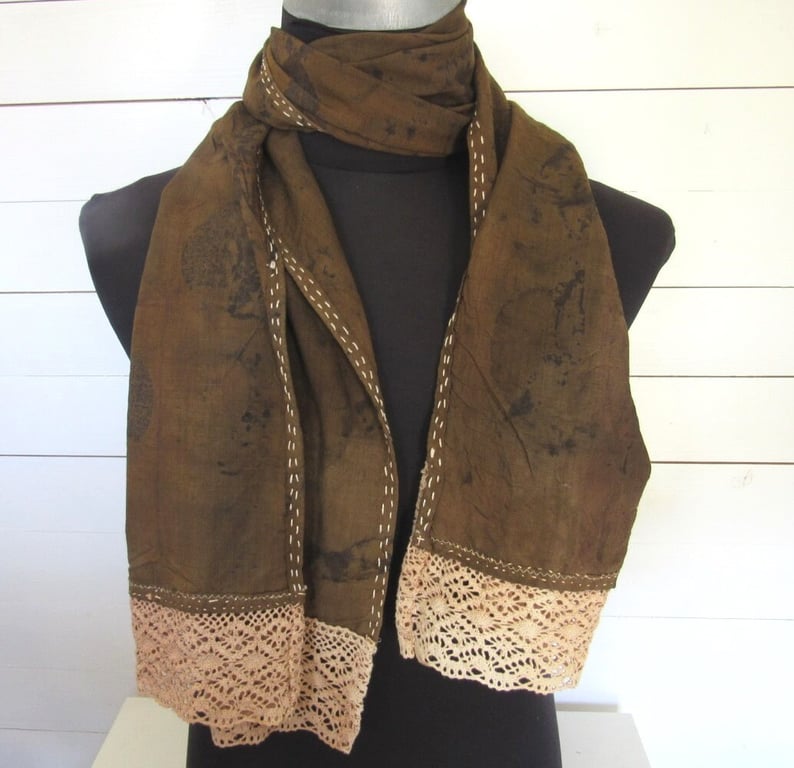 Hand Dyed Walnut Brown Eco-Print Wool Gauze Scarf