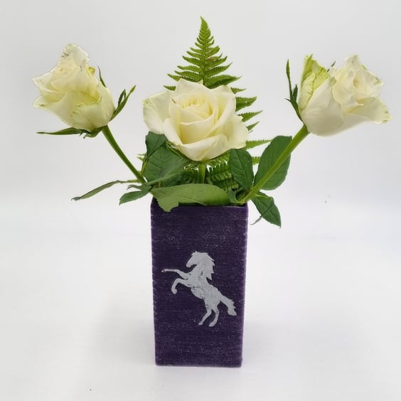 Vase Oblong Shaped Made of Purple Wax With Silver Rearing Horse Decoration