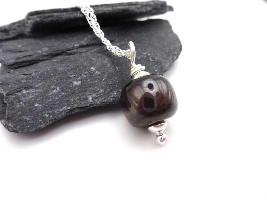 lampwork glass metallic grey pendant necklace