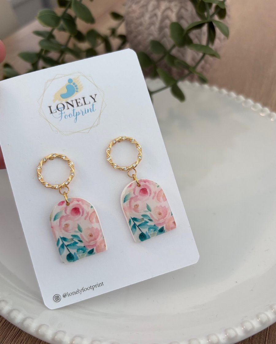 Pink Rose Design Polymer Clay Earrings - Floral Lightweight Handmade Earrings 