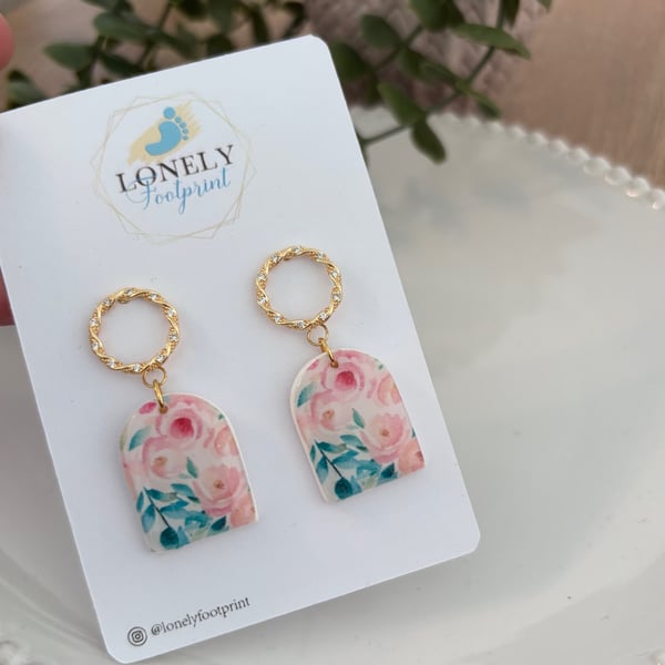 Pink Rose Design Polymer Clay Earrings - Floral Lightweight Handmade Earrings 