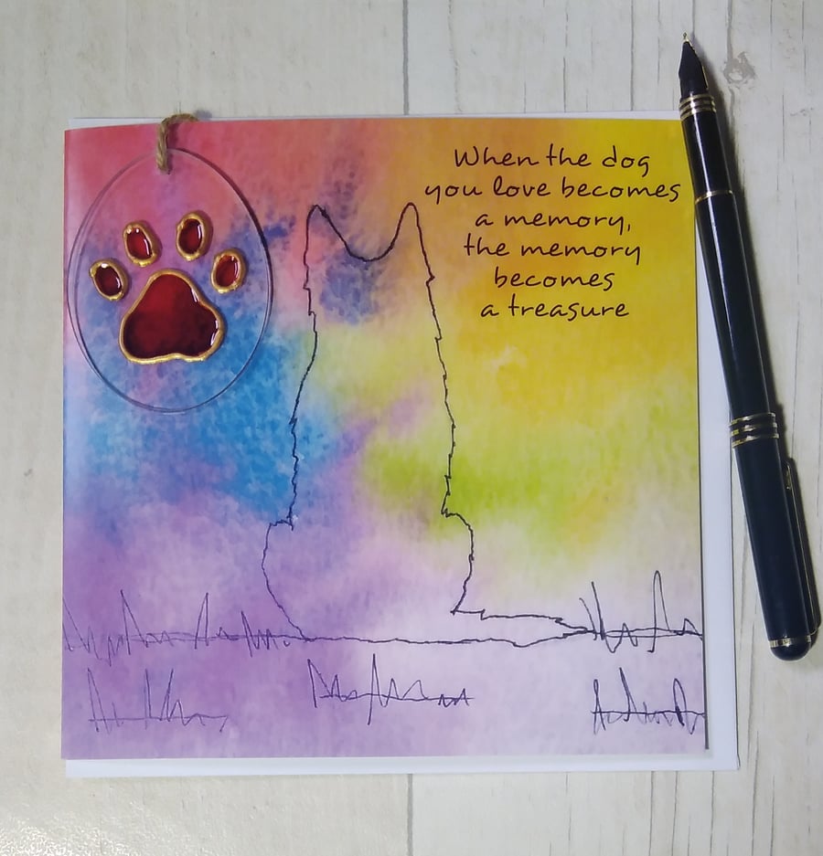 German Shepherd rainbow, sympathy card and paw print sun catcher gift.