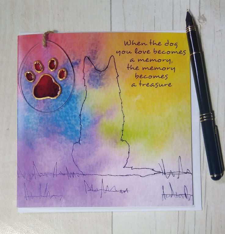 German Shepherd rainbow, sympathy card and paw print sun catcher gift.