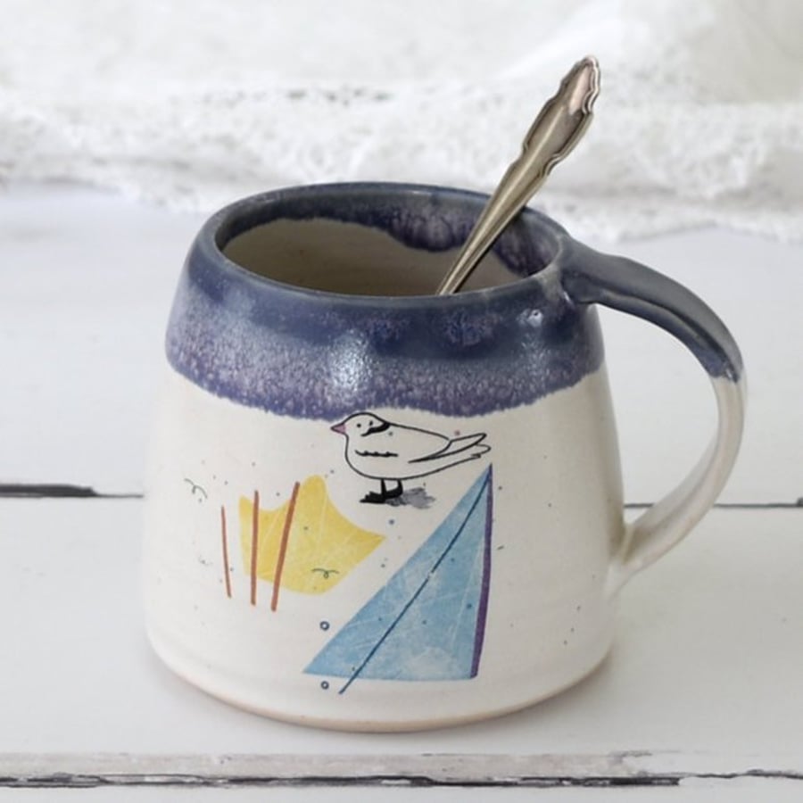 Blue and white handmade seaside mug, coastal ceramic coffee and tea mug