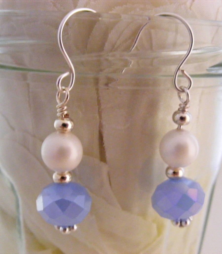 Light Blue Crystal and Shell Pearl Earrings