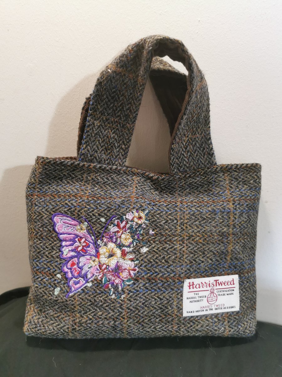 Harris Tweed handbag with embroidered butterfly.
