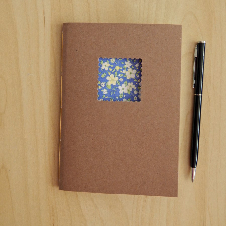 Floral Notebook with yellow flowers on blue, hand made notebook, 6x4ins 