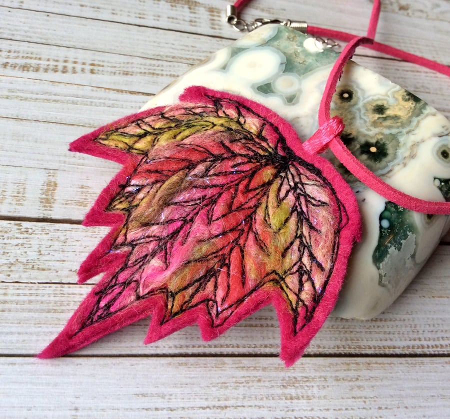 Stunning hot pink embroidered leaf necklace. 