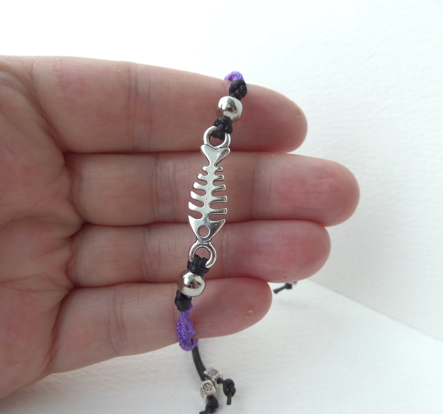Fish Bone Tibetan Silver Bracelet, Purple Macramé Cord Adjustable.