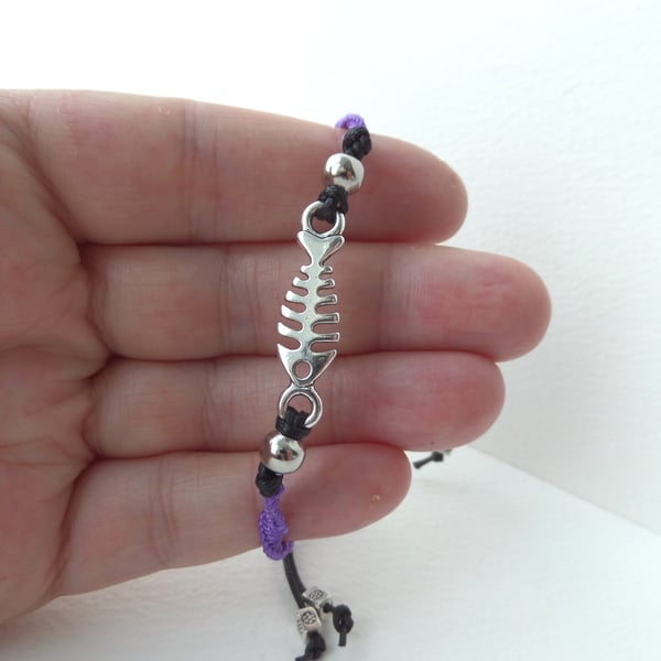 Fish Bone Tibetan Silver Bracelet, Purple Macramé Cord Adjustable.