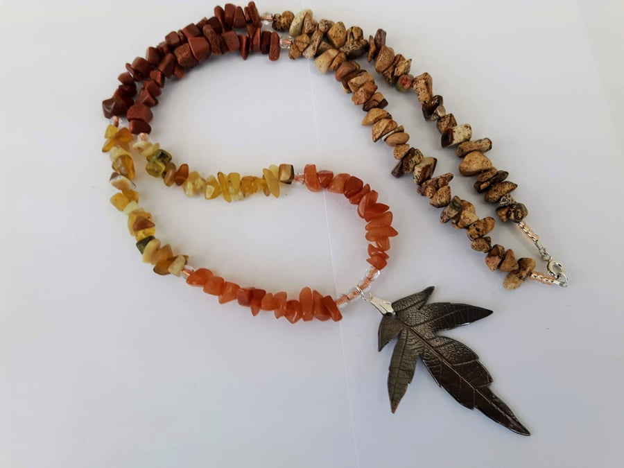 Maple Leaf Pendant Necklace with Mixed Gemstone Nuggets, Autumn Shades