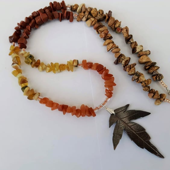 Maple Leaf Pendant Necklace with Mixed Gemstone Nuggets, Autumn Shades