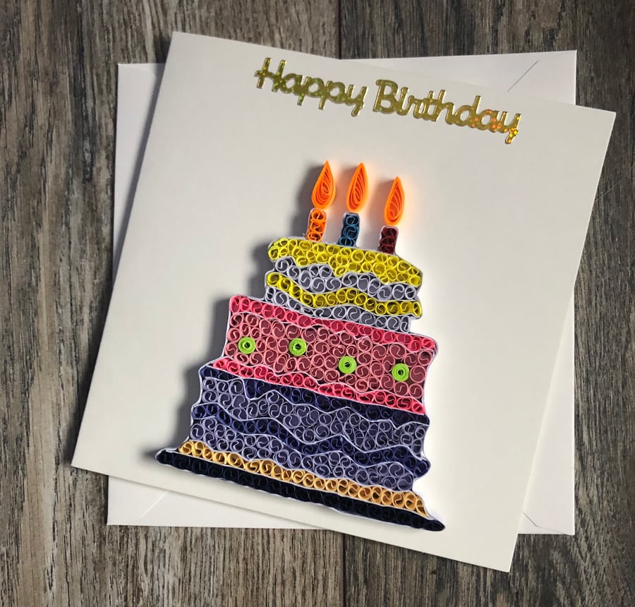 Handmade quilled birthday cake card