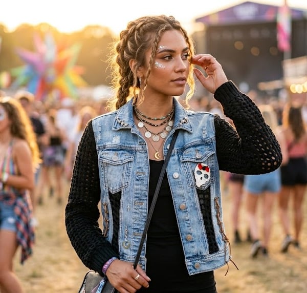 Custom XS Zara Recycled Denim Jacket Mesh Crochet Sleeves, Tibetan Bead Piercing