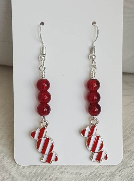 Trick or Treat Red and White Striped Candy Earrings 