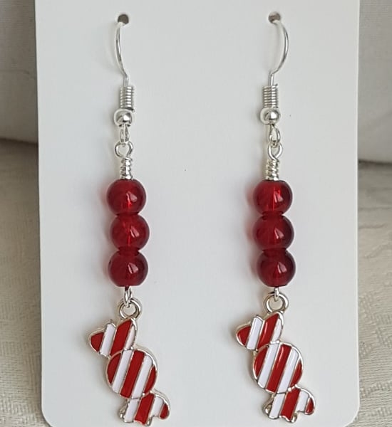 Trick or Treat Red and White Striped Candy Earrings 