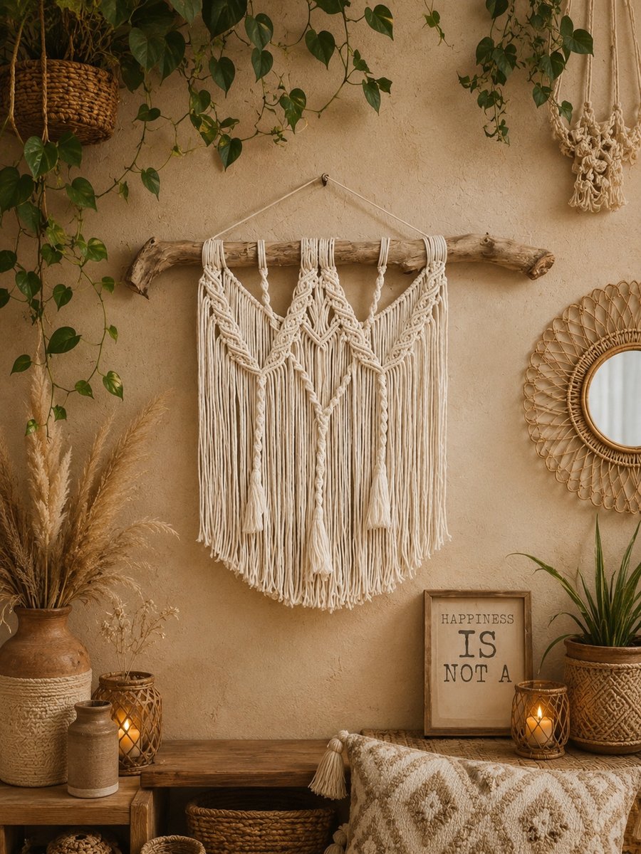 Boho Macrame Wall Hanging, Cream Cotton Fiber Art Tapestry