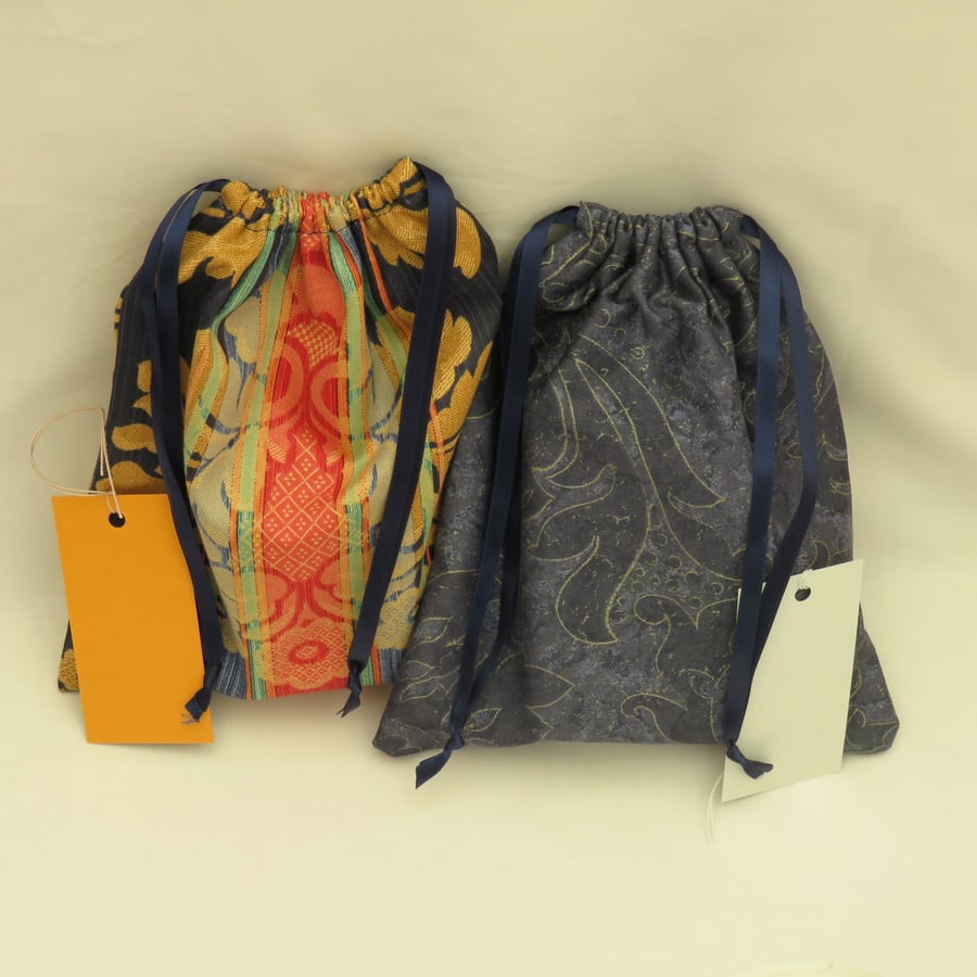 Two Navy Drawstring Gift Bags with Gift Tags - gift, storage, small project