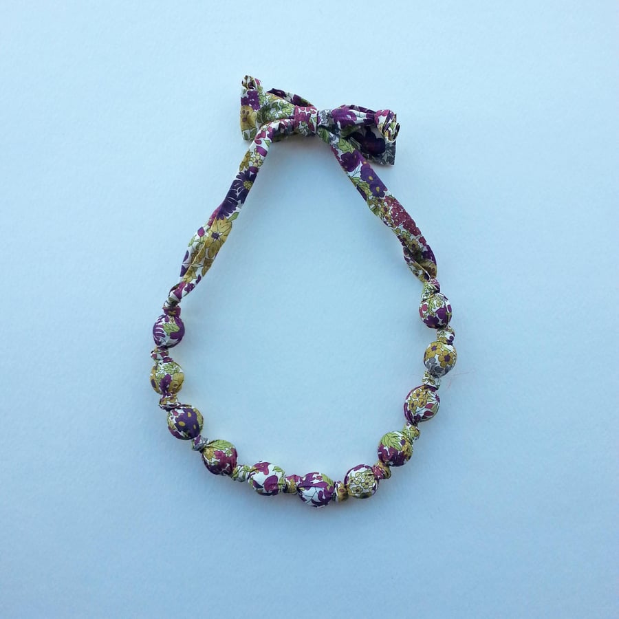 Purple & Mustard Liberty Print Fabric Necklace - Margaret Annie C flower print