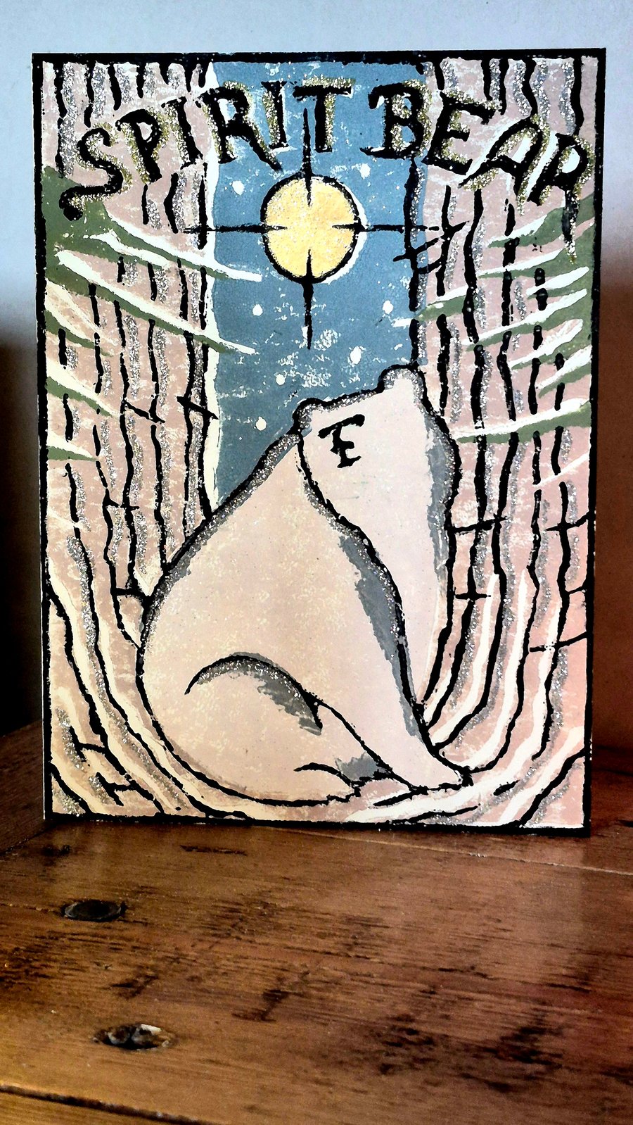 Handmade lino print Christmas card Spirit Bear