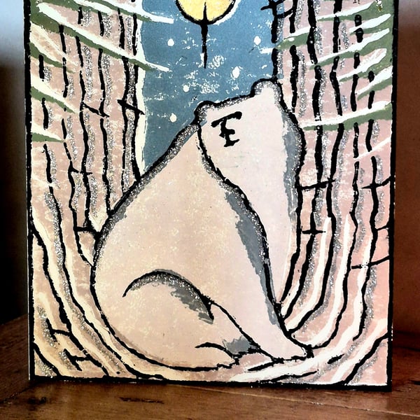 Handmade lino print Christmas card Spirit Bear
