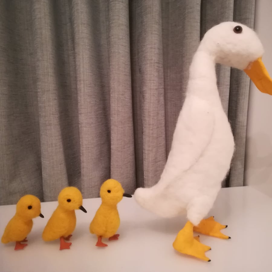 Duck, ducklings, all wool needle felted, wire armature, 