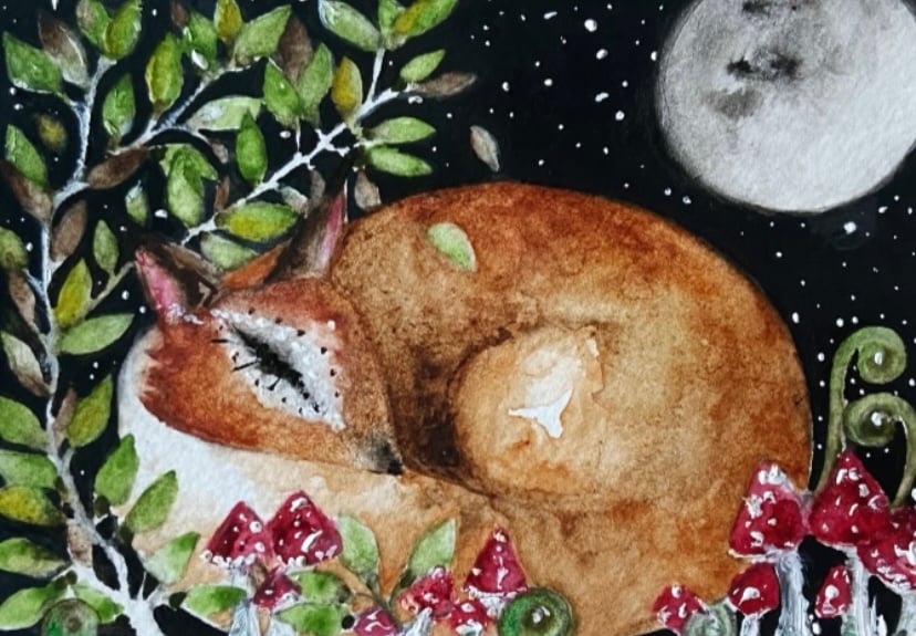 Original Resting Fox with Mushrooms in Moonlight Watercolour 