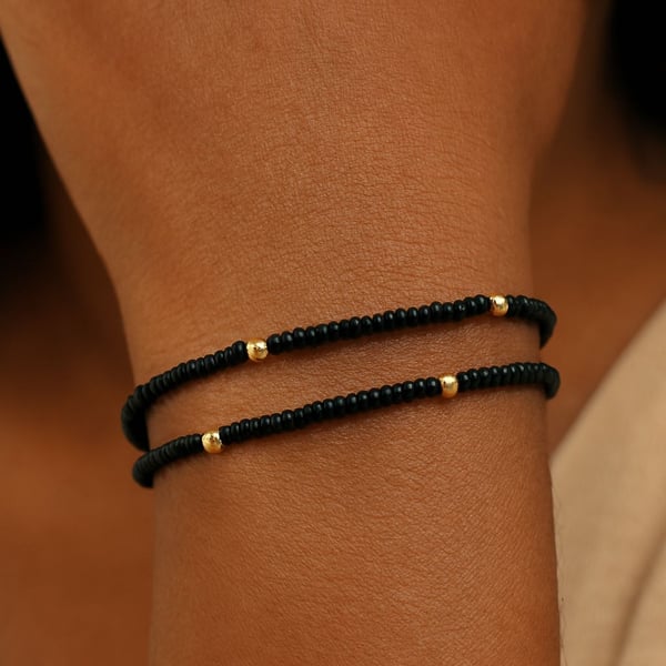 2x Black & Gold beaded bracelets - minimalist beaded jewellery - gift for her